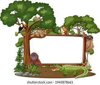 Empty banner with wild animals and rainforest trees on white background illustration