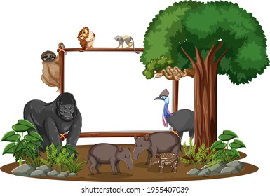 Empty banner with wild animals and rainforest trees on white background illustration