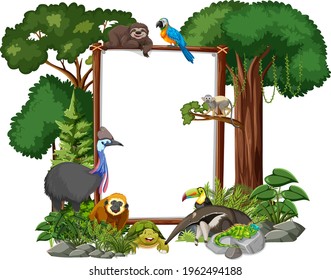 Empty banner with wild animals and rainforest trees on white background illustration