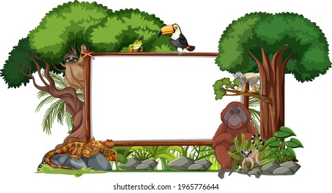 Empty banner with wild animals and rainforest trees on white background illustration