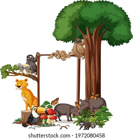 Empty banner with wild animals and rainforest trees on white background illustration