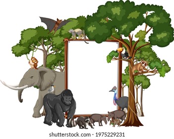 Empty banner with wild animals and rainforest trees on white background illustration