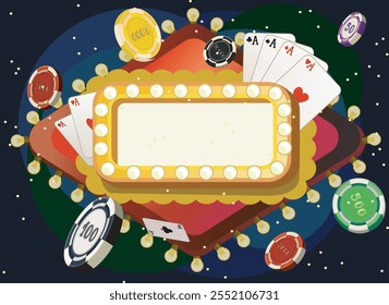 empty banner for your text. casino, welcome game win banner, jackpot, poker, card suits, cards and money. Falling cards and coins. Gambling design on dark background with sparkles