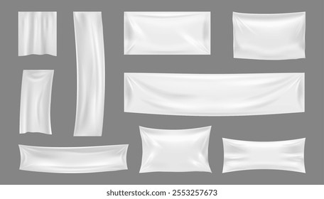 Empty banners of textile, isolated realistic vertical and horizontal promotion cloth label. Vector set of silk material for text, copy space sheet for ads or announcements. Rectangular placards