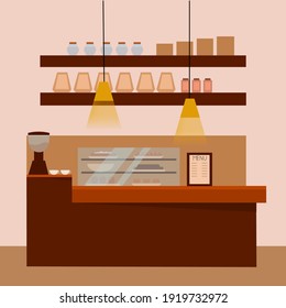 An empty bar with coffee and a dessert display. Vector flat illustration
