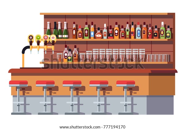 Empty bar counter. Bar beer tap\
pump, stools, shelves with alcohol bottles. Pub with beer glasses.\
Flat vector isolated illustration on white\
background.