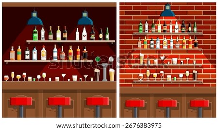 Empty bar counter with bottles and glasses. Alcohol drinks on shelves in pub or cafe interior. Flat design style vector illustration.