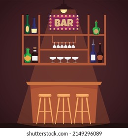 Empty bar counter with chairs and shelf with alcoholic drinks, flat vector illustration. Wooden interior of classic bar, pub or club. Drinking establishment background.