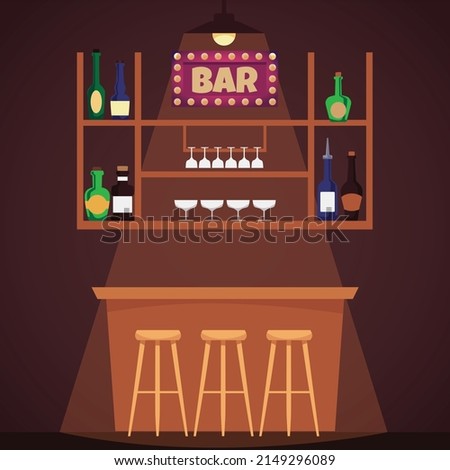Empty bar counter with chairs and shelf with alcoholic drinks, flat vector illustration. Wooden interior of classic bar, pub or club. Drinking establishment background.