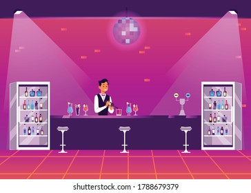 Empty bar counter in disco nightclub - cartoon bartender man at stand serving alcohol cocktail drinks in purple night club interior with lights. Vector illustration.