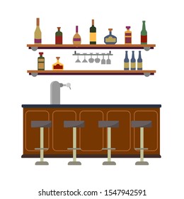 Empty Bar Counter Interior With Beer Pump Faucet. On The Wall Is A Shelf With Glasses And Liquid Alcoholic Drinks. Rum, Wine, Tequila. Vector Flat Illustration Isolated On White Background.
