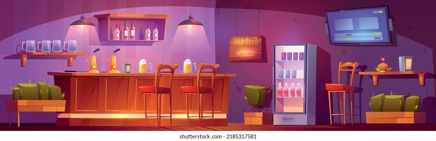 Empty bar interior vector illustration. Cartoon glasses of foamy beer, burger served on wooden counter, alcohol bottles on shelf, cold beverages in fridge, tv, arrow sign on wall. Night pub atmosphere