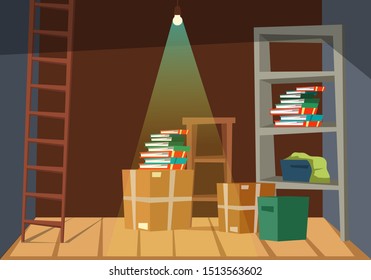 Empty basement interior flat vector illustration. Old stuff underground storage room with no people. Residential house furnishing. Cardboard boxes, cupboards, book stacks and shiny light bulb