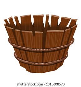Cesta vacía aislada en fondo blanco. Ilustración de dibujos animados de una canasta de madera. Cesta de madera para la interfaz de usuario del juego.