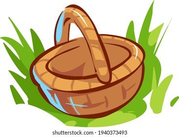 Empty basket standing on a green grass. Vector illustration