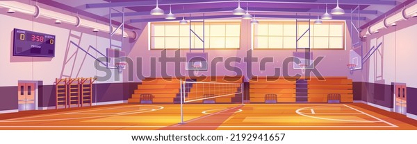 Empty basketball court cartoon illustration.\
Vector interior design of sports hall to play team games with rings\
and electronic score board on wall, volleyball net, spectator\
seats. College stadium