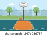 Empty basketball court in city scene background. Outdoor basketball court minimal flat style. Vector stock