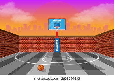 Empty basketball court in city scene background. Outdoor basketball Vector