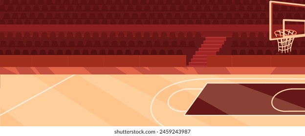 An empty basketball court with a hoop, illustrated in a flat graphic style on a gradient background, concept of sports. Vector illustration