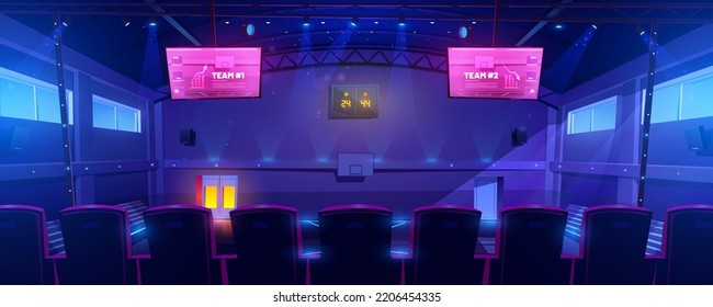 Empty Basketball Court At Night Illuminated With Spotlights. Cartoon Illustration Of Sports Playground Interior With Electronic Game Score Board. Match Result Templates. Back View From Tribune Seats