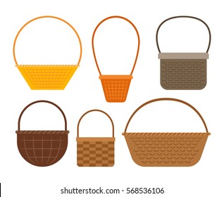 Empty baskets isolated on white background. Osier wicker picnic vector basket set.