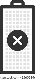 Empty battery icon with a cross sign, symbolizing low power or no charge, against a checkered background, emphasizing the need for charging or replacement