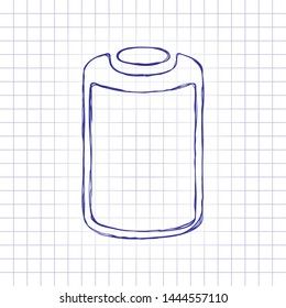 Empty battery, low level of energy, technology icon. Hand drawn picture on paper sheet. Blue ink, outline sketch style. Doodle on checkered background