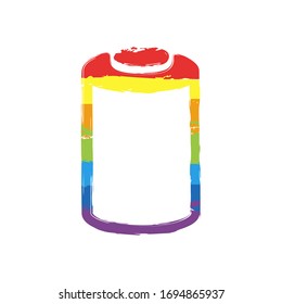 Empty battery, low level of energy, technology icon. Drawing sign with LGBT style, seven colors of rainbow (red, orange, yellow, green, blue, indigo, violet