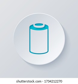 Batería vacía, bajo nivel de energía, icono de tecnología. Cortar círculo con capas grises y azules. Estilo de papel