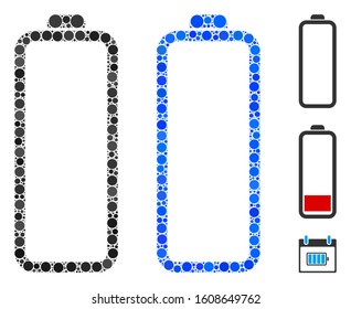 Empty battery mosaic of small circles in different sizes and shades, based on empty battery icon. Vector small circles are combined into blue mosaic.
