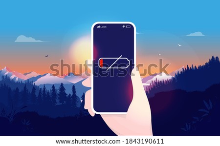 Empty battery on phone - Hand holding smartphone with no power in the middle of nowhere. Remember to charge and bad battery concept. Vector illustration.