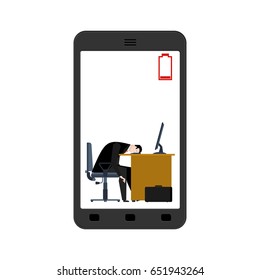 Empty battery on smartphone. accumulator blank. Phone Tired at work. manager tired. Office workplace. Armchair and computer
