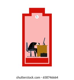 Empty battery on smartphone. accumulator blank. Phone Tired at work. manager tired. Office workplace. Armchair and computer
