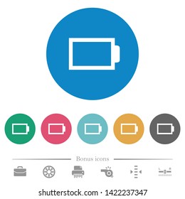 Empty battery without load units flat white icons on round color backgrounds. 6 bonus icons included.