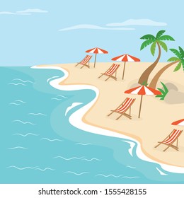 Empty beach. Cartoon tropical landscape. Beach umbrellas and sun loungers. Ocean view. No people. Flat vector illustration