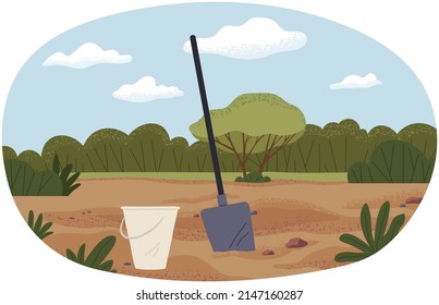Empty beach with excavation or garbage cleaning items. Bucket and shovel in sand. Digging equipment vector illustration. Beach cleaning with spade and pail. Nature and landscape with forest background