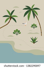 Empty beach. Funny flat vector illustration on summer with seagull walking across empty beach 