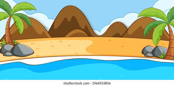 Escena de paisaje de playa vacía con ilustración de montaña