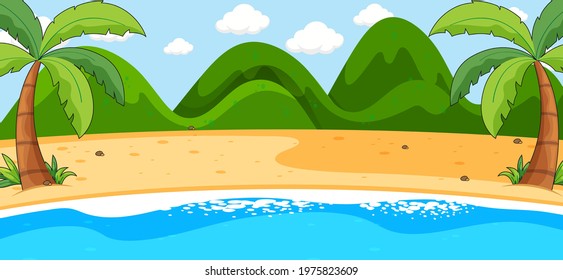 Empty beach landscape scene with mountains illustration