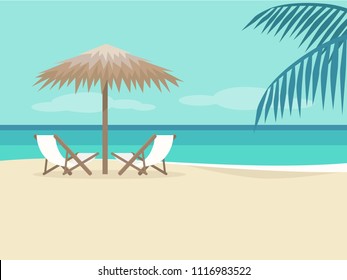 Empty Beach Landscape. Two Chaise Lounges Under The Palm Tree Umbrella. No People. Background. Paradise. Flat Editable Vector Illustration, Clip Art