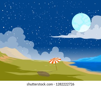 Empty Beach Night View. Beach Umbella