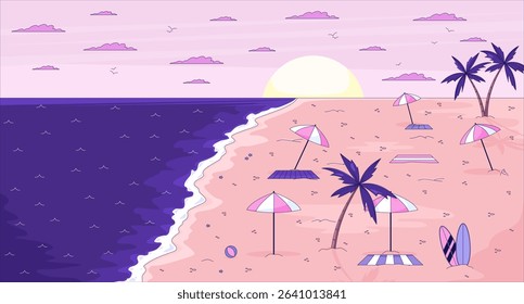 Empty beach sunset with umbrellas and palm trees flat illustration background. Tropical shore summer. Sandy coast seaside towels parasols 2D cartoon lofi backdrop. Colorful scene vector art image