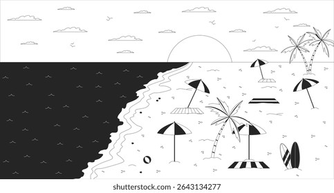 Empty beach sunset with umbrellas and palm trees line illustration backdrop. Tropical shore summer. Sandy coast seaside towels parasols 2D ink outline monochrome lo-fi background. Lineart vector
