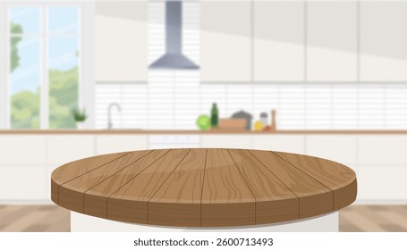 Empty beautiful round wood table top counter on interior in clean and bright kitchen background, Ready for display, Banner, for product montage. Vector illustration.
