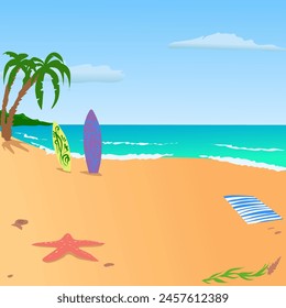 Empty beautiful sea beach with starfish and couple of surfboards. Vector illustration sandy summer beach for relaxation. A few palm trees clear skies and good weather. Waves and the Cote dAzur of