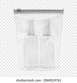 Empty beauty product bottles set in plastic packaging with ziplock 3d realistic illustration isolated. Plastic packaging for travel mock up vector