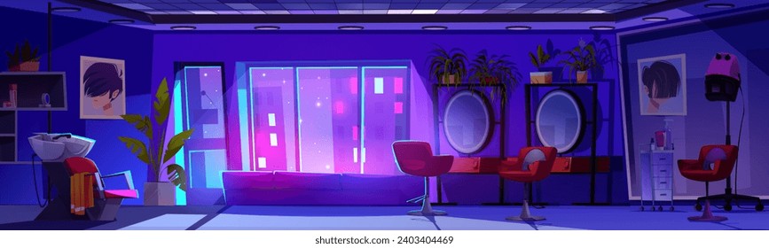 Empty beauty salon interior at night. Cartoon vector dark hairdresser studio room with furniture and equipment in dusk - armchair behind mirrors with table and drawer, sink to wash hair and cosmetics.