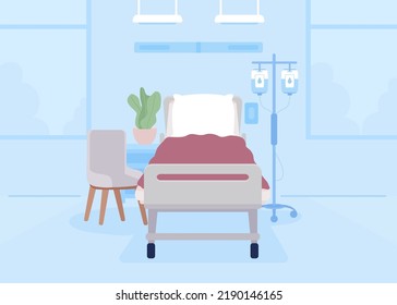 Empty bed in hospital ward flat color vector illustration. Comfortable place to treat patient. Healthcare service. Fully editable 2D simple cartoon interior with medical equipment on background