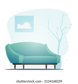 Empty Bed and houseplant. Background with space for your character. Cartoon style.