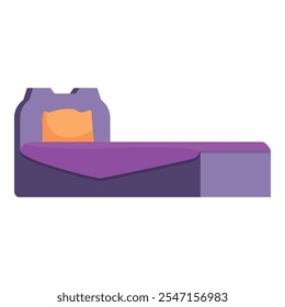 Empty bed with purple sheets and an orange pillow waiting for a good night's sleep